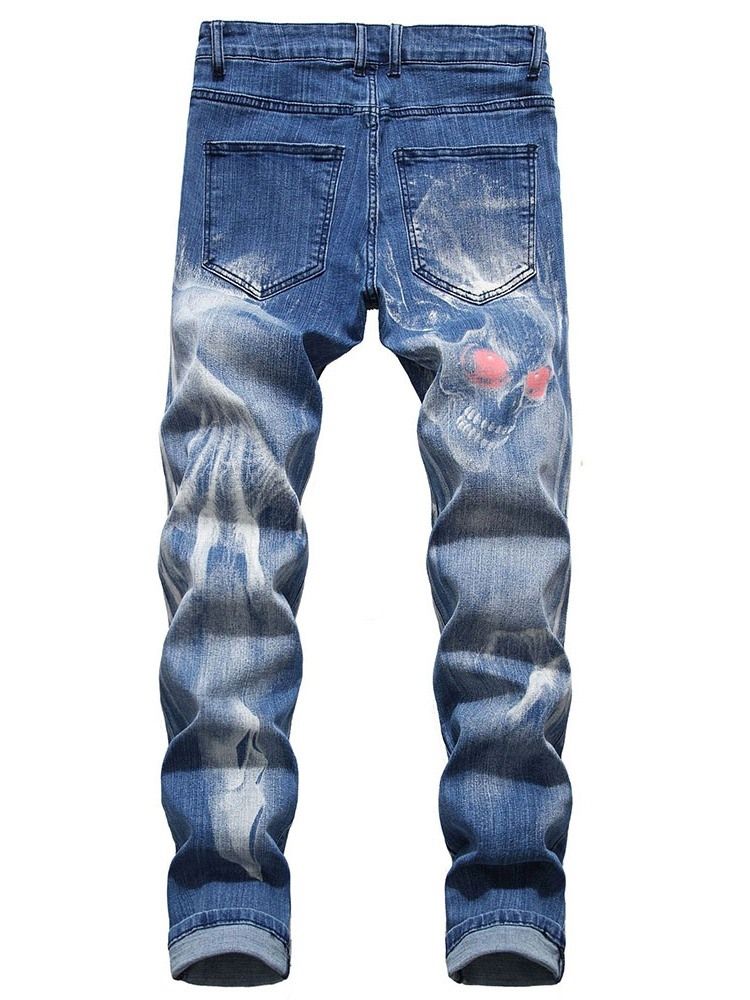 Calça Jeans Casual Masculina Estampada A Lápis De Crânio