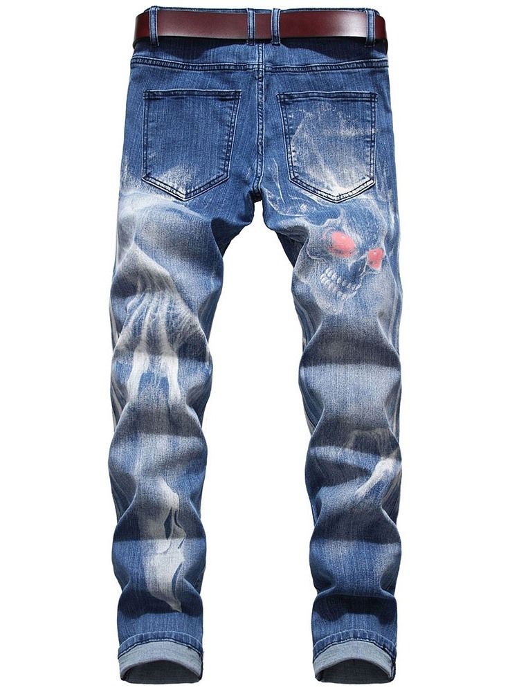 Calça Jeans Casual Masculina Estampada A Lápis De Crânio