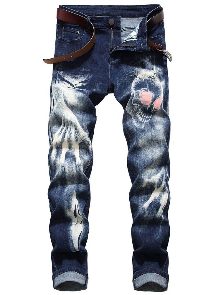 Calça Jeans Casual Masculina Estampada A Lápis De Crânio