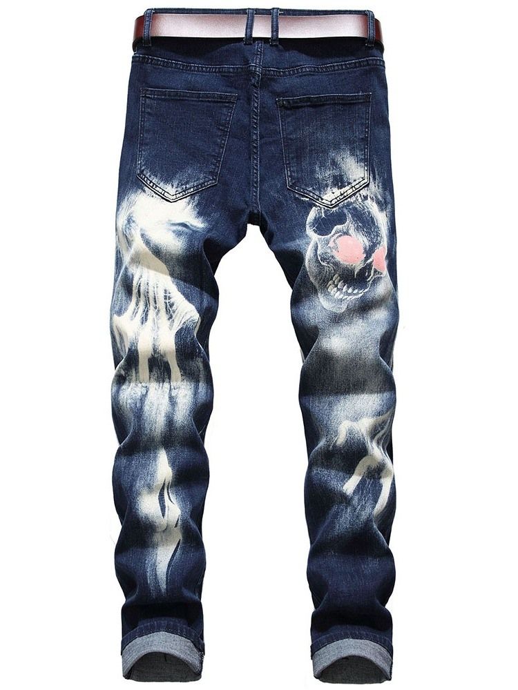 Calça Jeans Casual Masculina Estampada A Lápis De Crânio