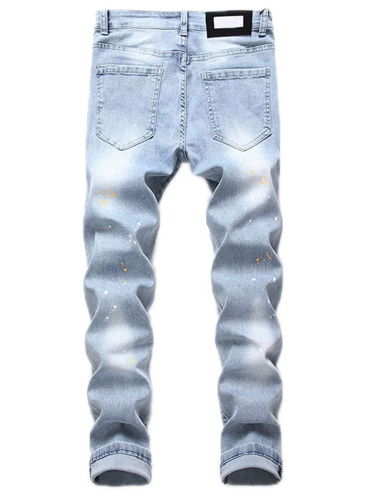 Calça Jeans Casual Masculina Estampada Com Zíper