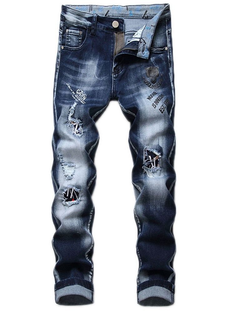 Calça Jeans Casual Masculina Hole Letter Cintura Média