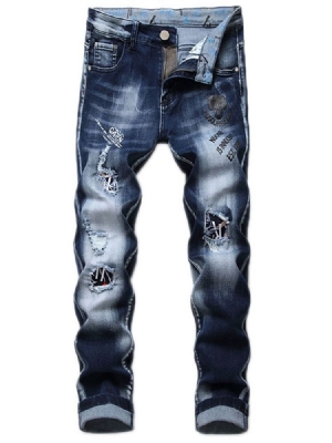 Calça Jeans Casual Masculina Hole Letter Cintura Média