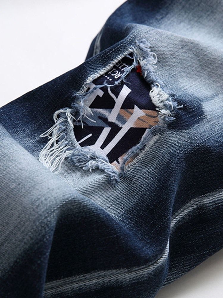 Calça Jeans Casual Masculina Hole Letter Cintura Média