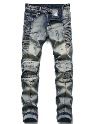 Calça Jeans Casual Masculina Plissada Com Zíper