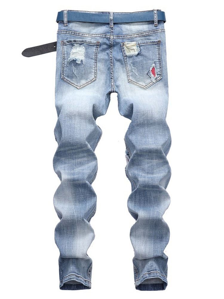 Calça Jeans Casual Masculina Plissada Patchwork Azul Claro