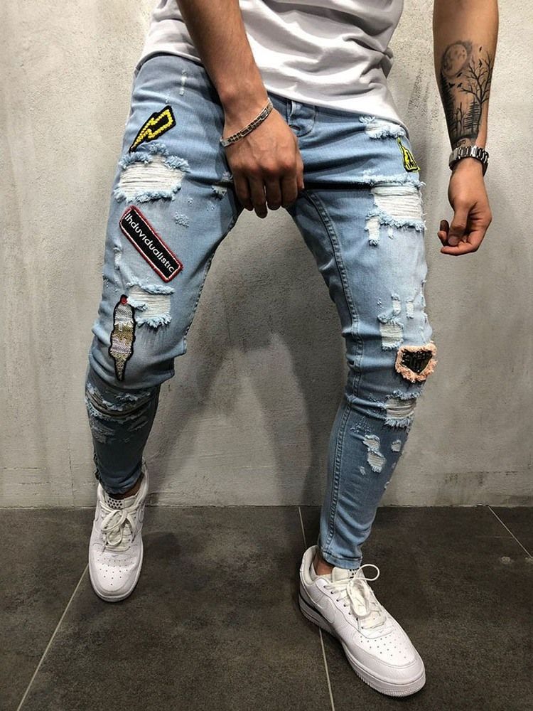 Calça Jeans Com Zíper Masculino Com Bolso Fino E Cintura Fina