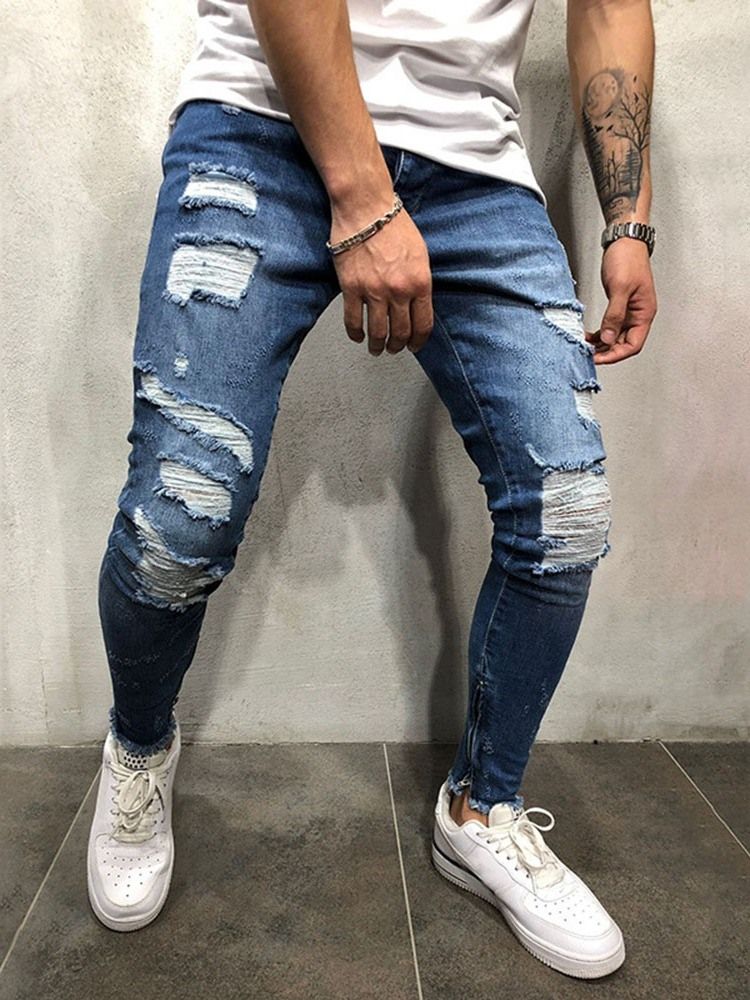 Calça Jeans Com Zíper Masculino Na Cintura Do Bloco De Cor Do Buraco