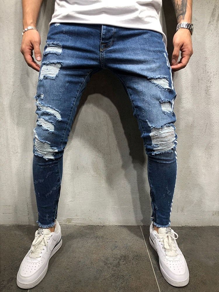 Calça Jeans Com Zíper Masculino Na Cintura Do Bloco De Cor Do Buraco