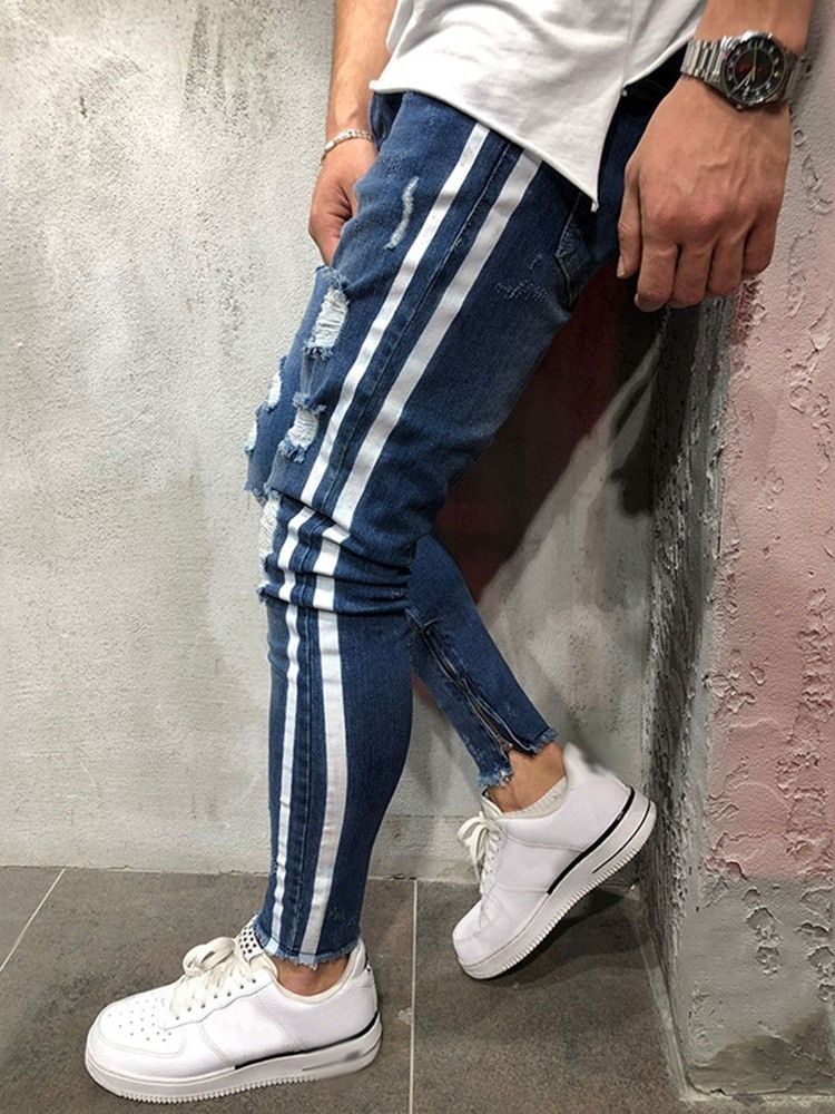 Calça Jeans Com Zíper Masculino Na Cintura Do Bloco De Cor Do Buraco