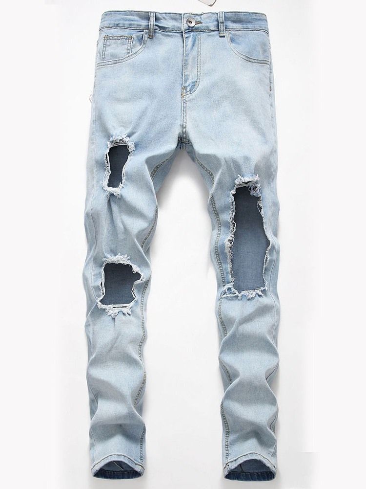 Calça Jeans Coreana Hole Plain Straight Zipper