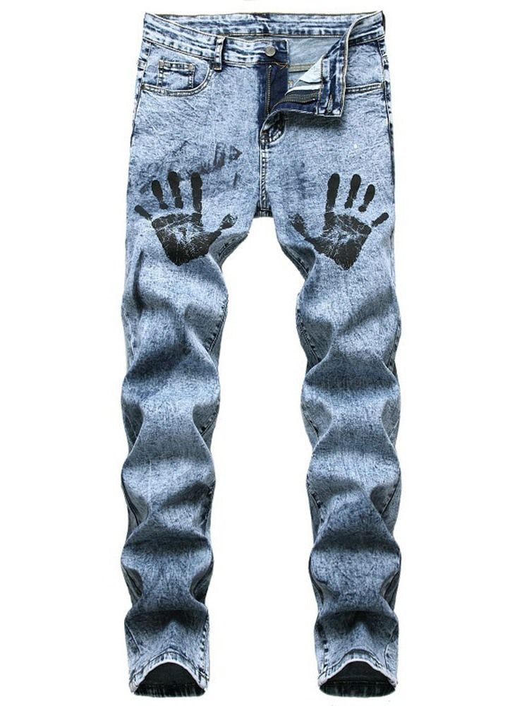 Calça Jeans Europeia Com Zíper Reto Com Estampa Masculina