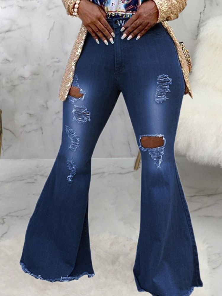 Calça Jeans Feminina Bellbottoms Hole Gradient Zipper Slim