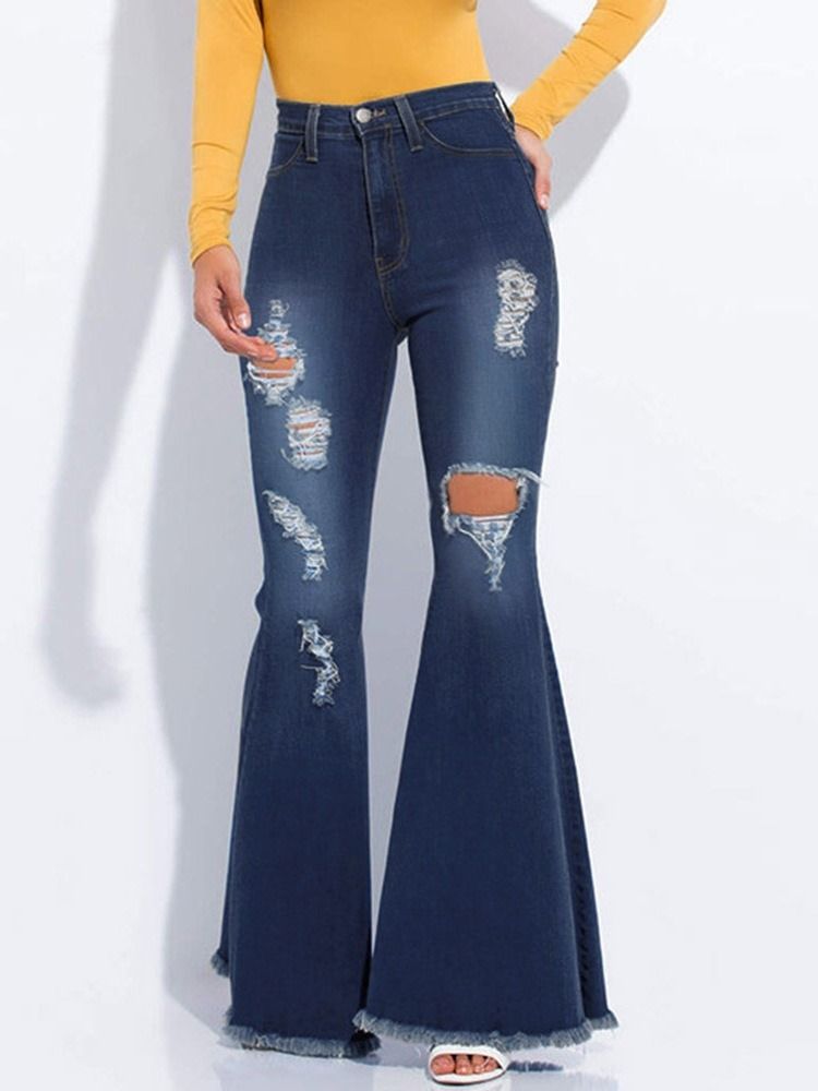 Calça Jeans Feminina Bellbottoms Hole Gradient Zipper Slim