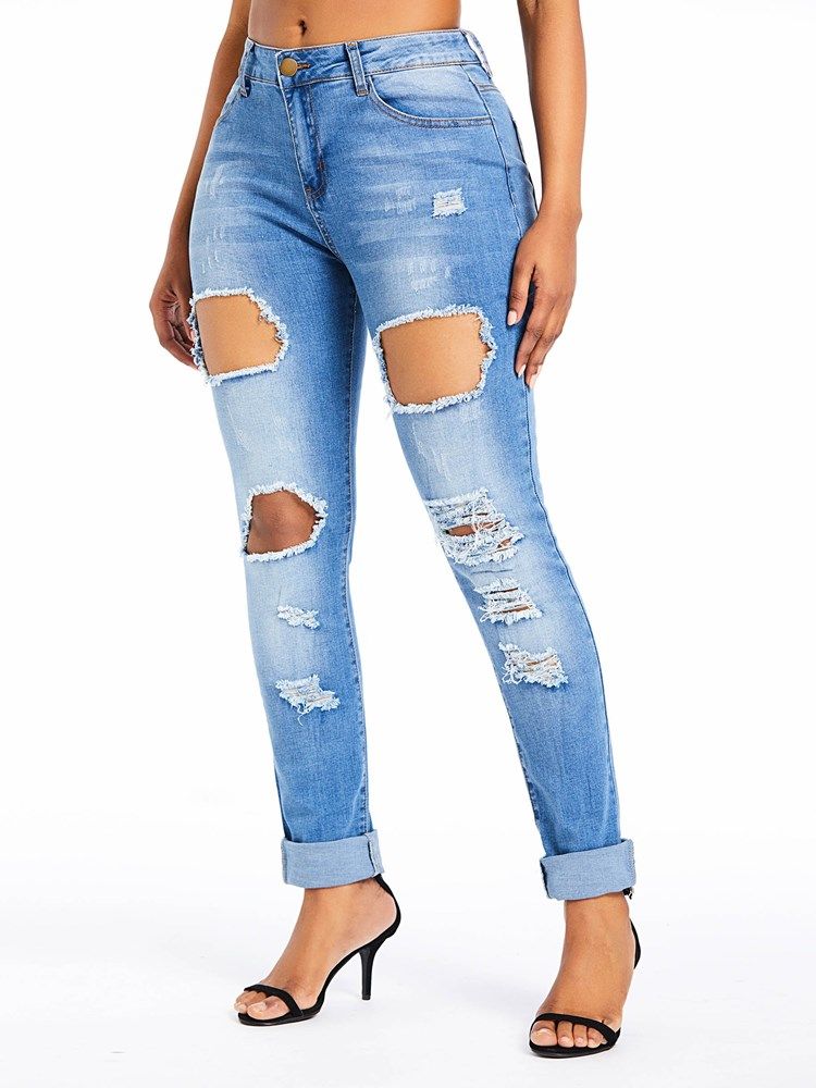 Calça Jeans Feminina De Cintura Alta Lisa Com Cintura Alta