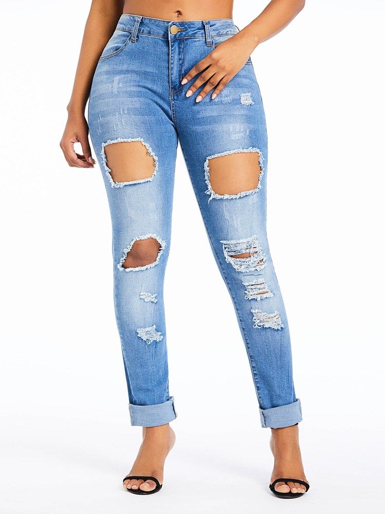 Calça Jeans Feminina De Cintura Alta Lisa Com Cintura Alta