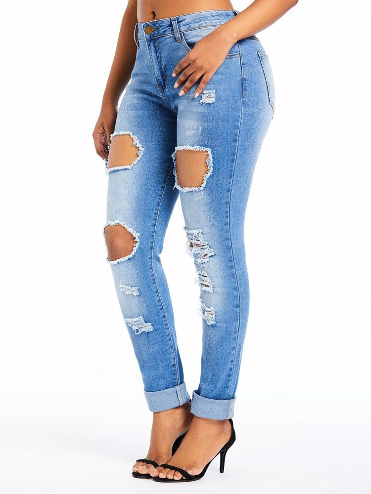 Calça Jeans Feminina De Cintura Alta Lisa Com Cintura Alta