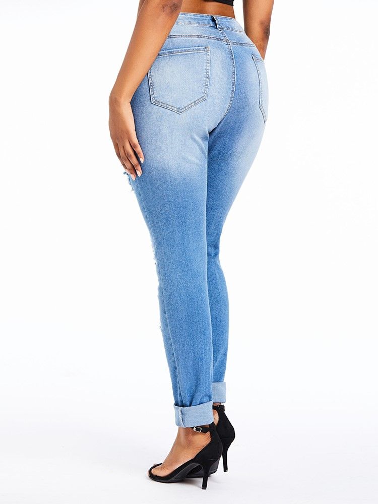 Calça Jeans Feminina De Cintura Alta Lisa Com Cintura Alta