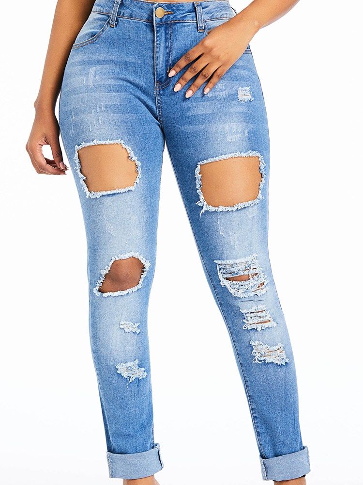 Calça Jeans Feminina De Cintura Alta Lisa Com Cintura Alta