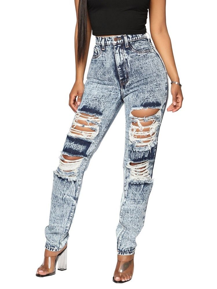 Calça Jeans Feminina Com Pernas Largas Liso Cintura Alta E Calça Jeans