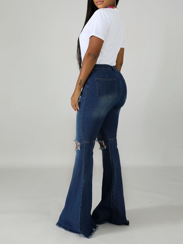 Calça Jeans Feminina Hole Bellbottoms Zipper Slim