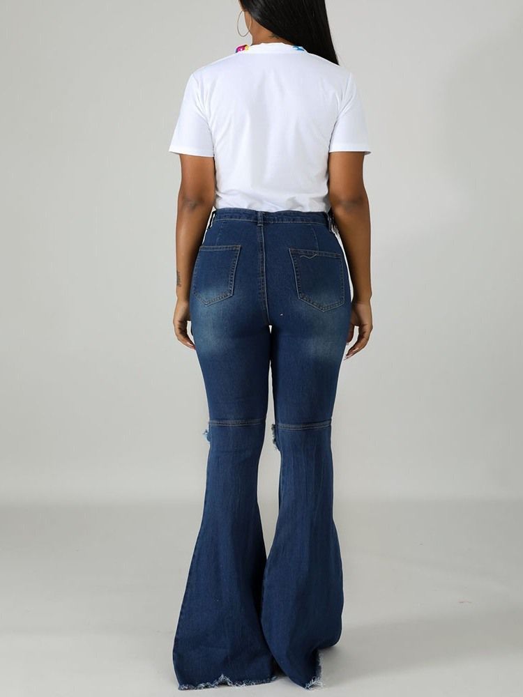 Calça Jeans Feminina Hole Bellbottoms Zipper Slim