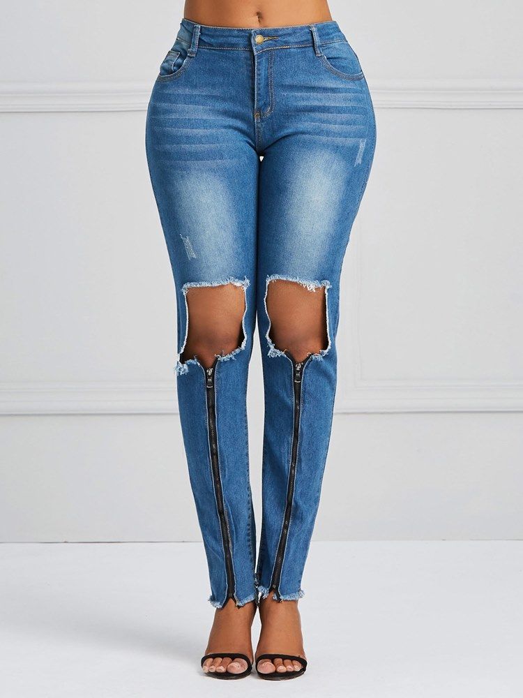 Calça Jeans Feminina Hole Zipper Skinny