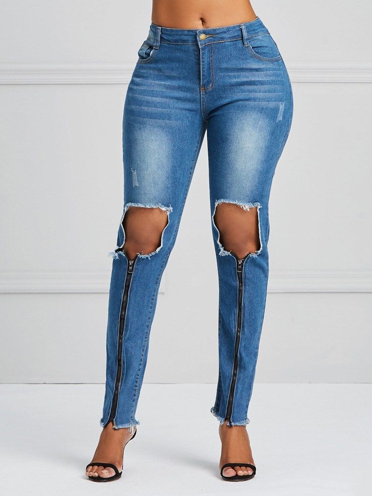 Calça Jeans Feminina Hole Zipper Skinny