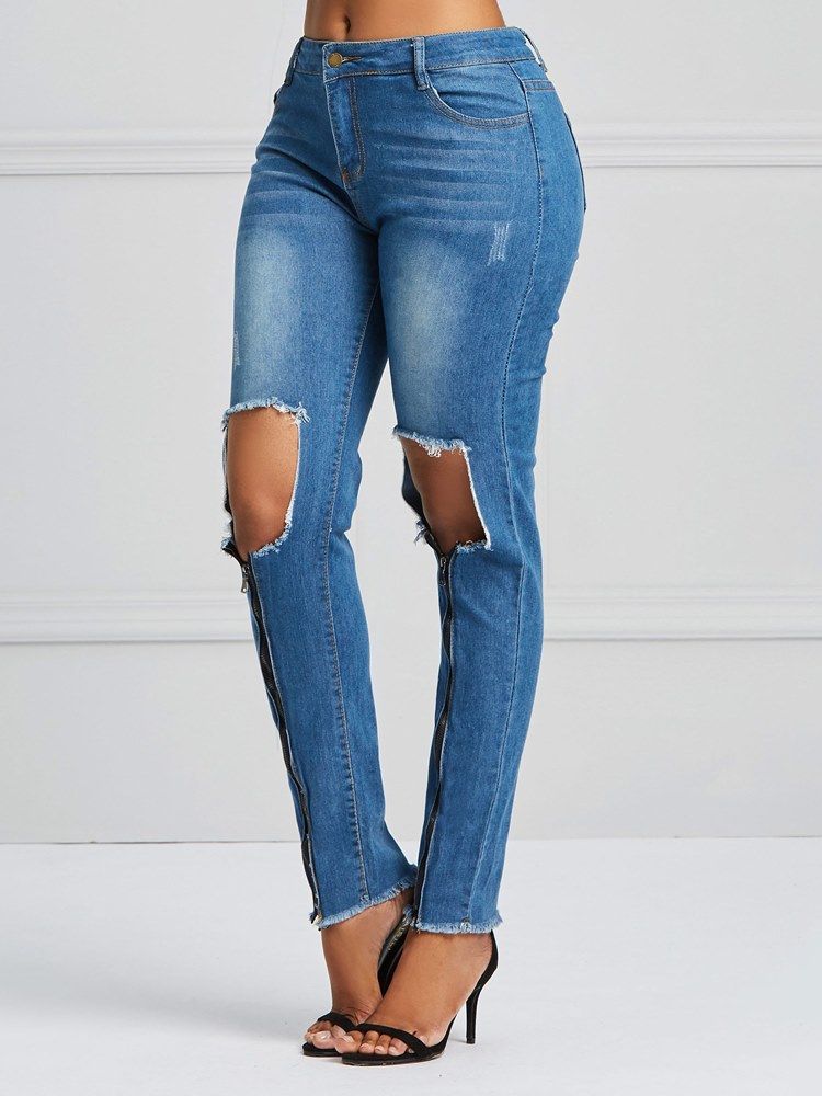 Calça Jeans Feminina Hole Zipper Skinny