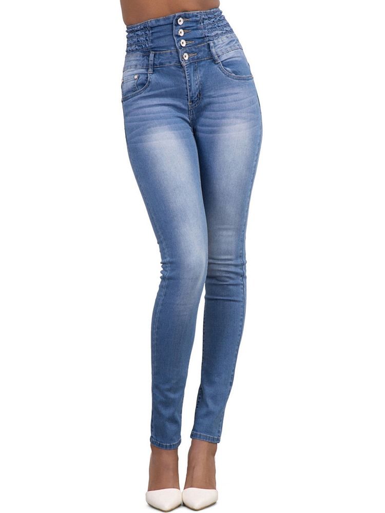 Calça Jeans Feminina Justa Com Botão De Cintura Alta E Bolso