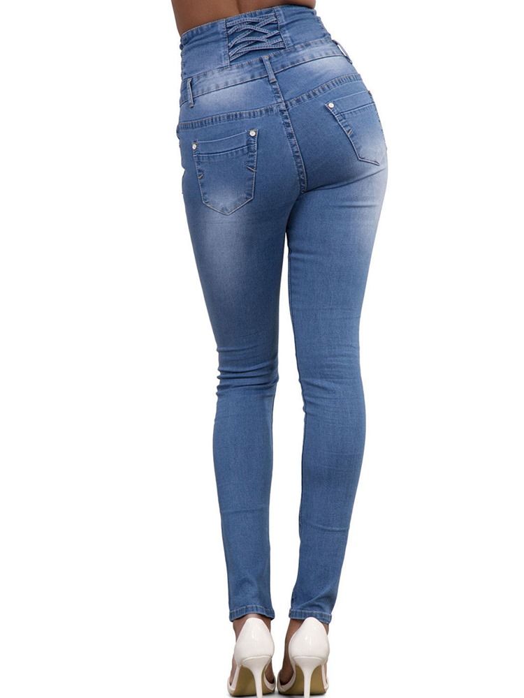 Calça Jeans Feminina Justa Com Botão De Cintura Alta E Bolso