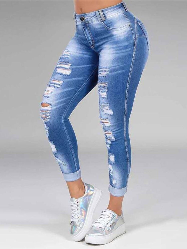 Calça Jeans Feminina Reta Com Zíper Liso E Cintura Média