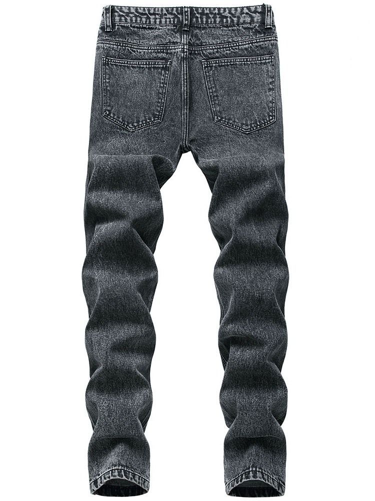 Calça Jeans Hole Straight Plain Zipper Cintura Média Masculina