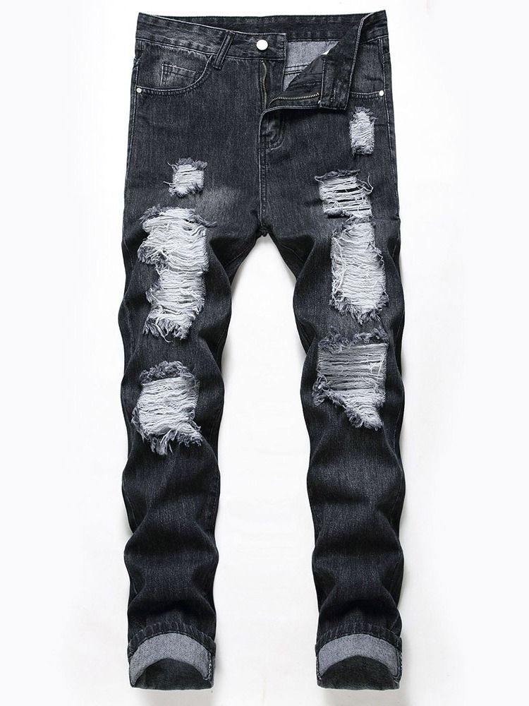 Calça Jeans Hole Zipper Cintura Média Masculina