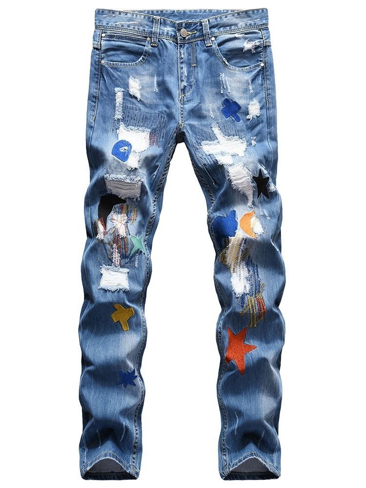 Calça Jeans Homem Com Zíper Reto De Hip-hop Furo Bloco