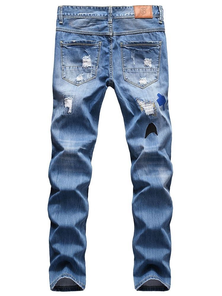 Calça Jeans Homem Com Zíper Reto De Hip-hop Furo Bloco