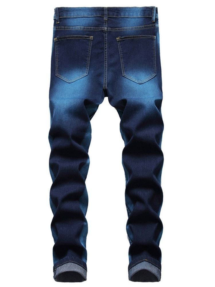 Calça Jeans Justa Masculina Com Furo E Zíper De Cintura Média