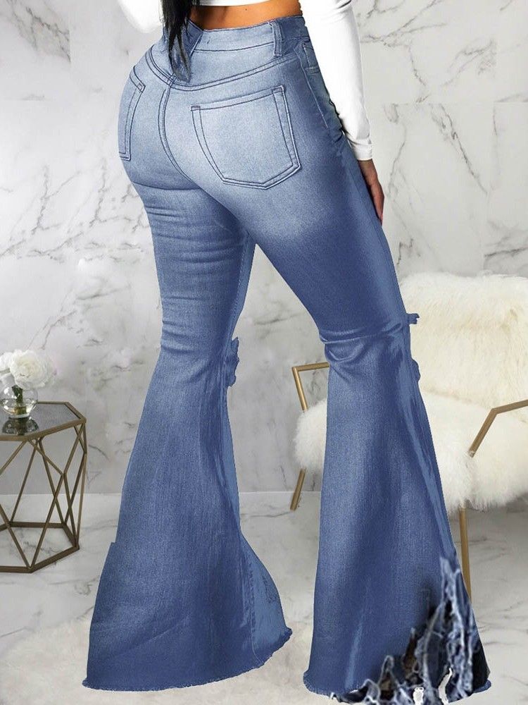 Calça Jeans Lisa Bellbottoms Hole Feminina Slim Mid Waist