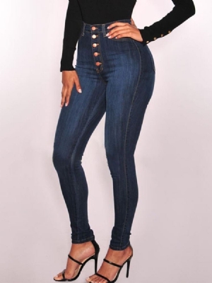 Calça Jeans Lisa Feminina Justa Cintura Alta Com Botão