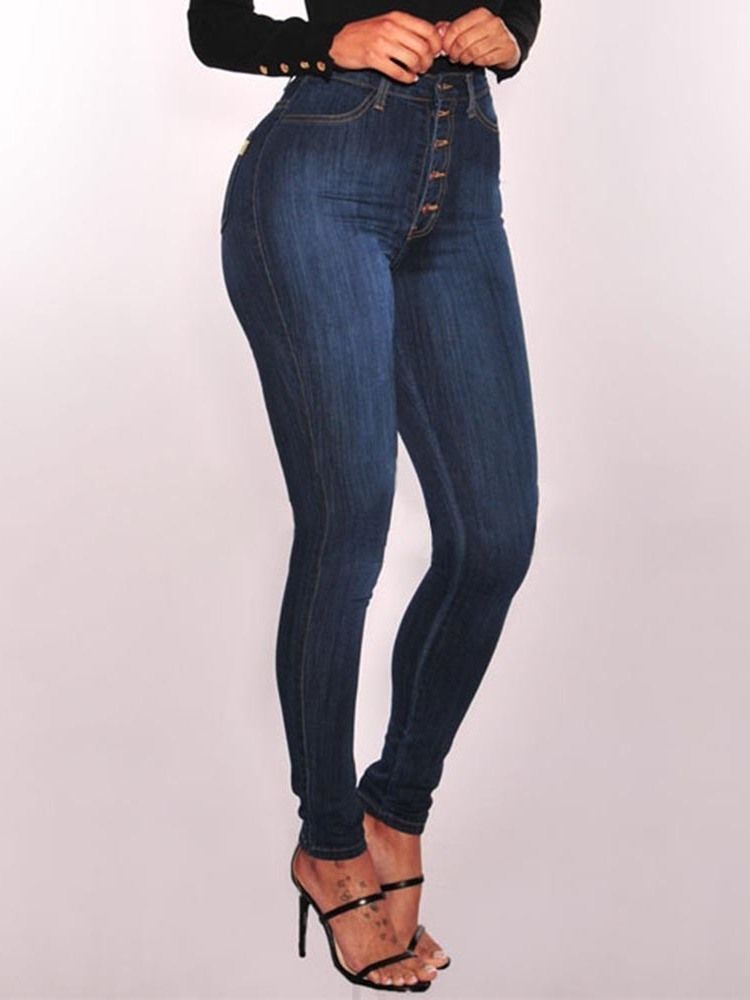 Calça Jeans Lisa Feminina Justa Cintura Alta Com Botão