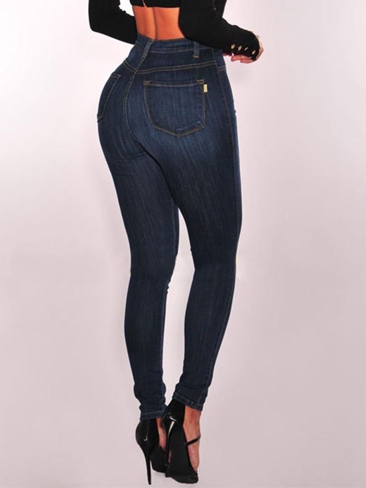 Calça Jeans Lisa Feminina Justa Cintura Alta Com Botão