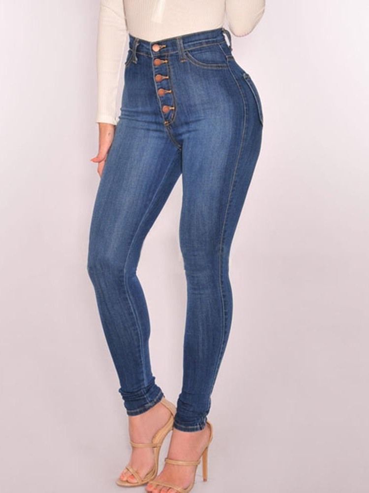 Calça Jeans Lisa Feminina Justa Cintura Alta Com Botão