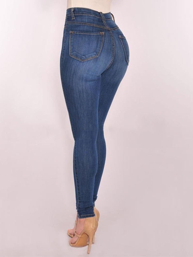 Calça Jeans Lisa Feminina Justa Cintura Alta Com Botão