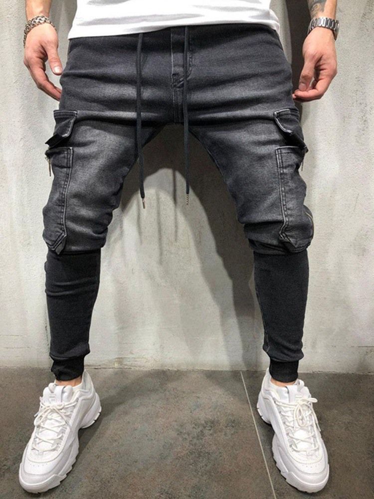 Calça Jeans Masculina Casual Com Cadarço No Bolso