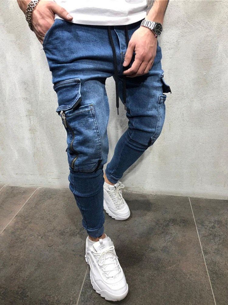 Calça Jeans Masculina Casual Com Cadarço No Bolso