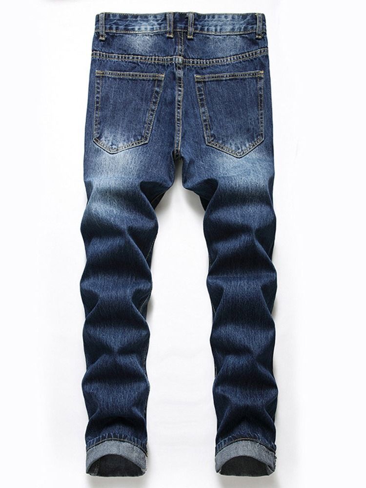 Calça Jeans Masculina De Cintura Média Com Zíper Reto