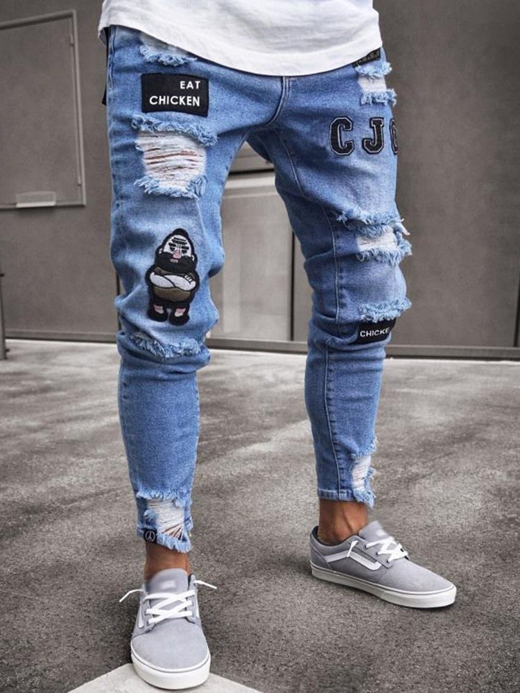 Calça Jeans Masculina Com Cintura Média E Buraco Fino