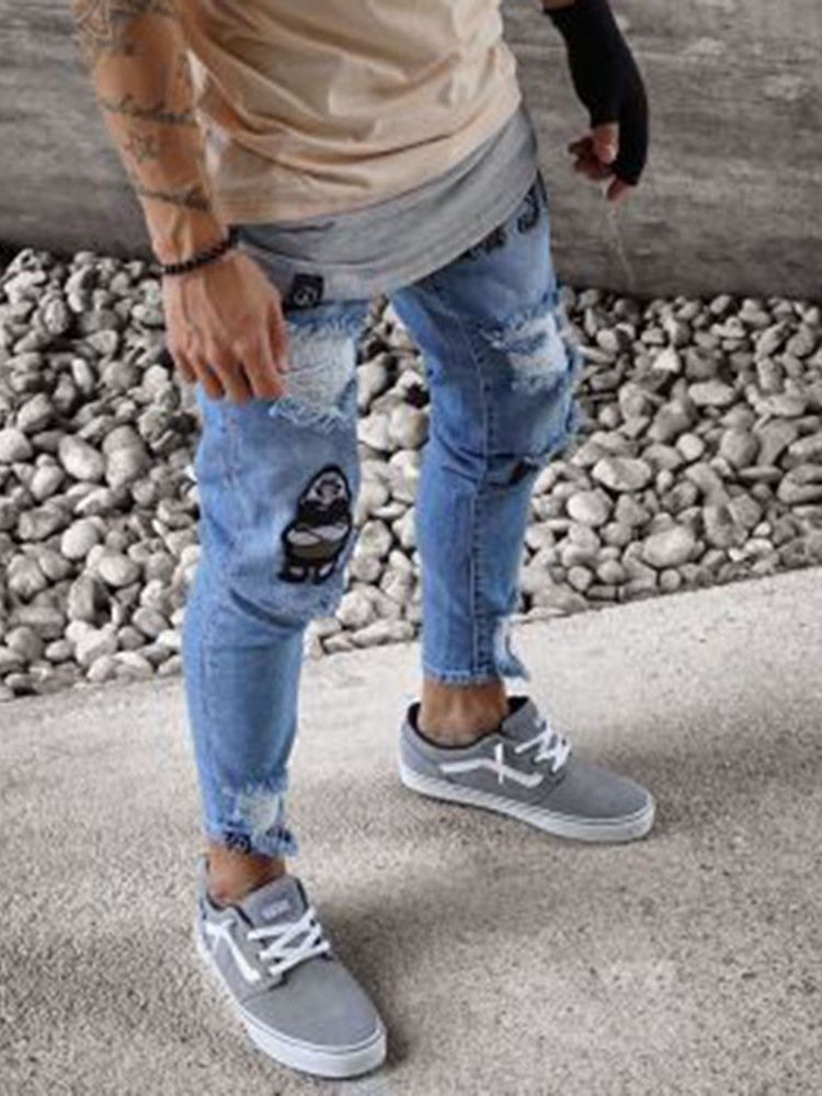 Calça Jeans Masculina Com Cintura Média E Buraco Fino