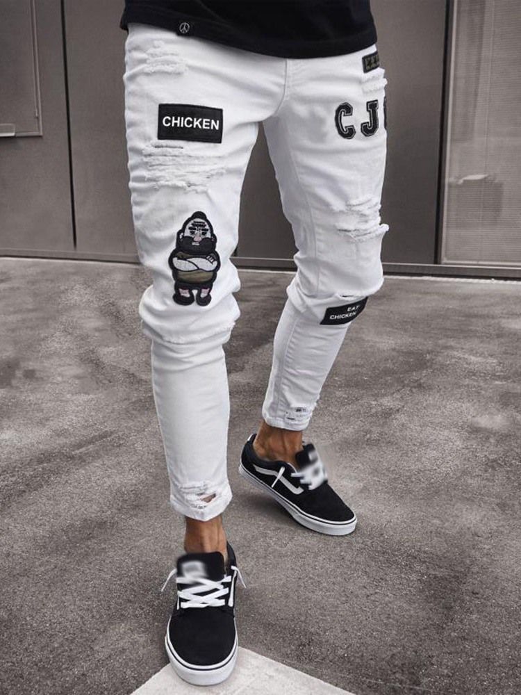 Calça Jeans Masculina Com Cintura Média E Buraco Fino