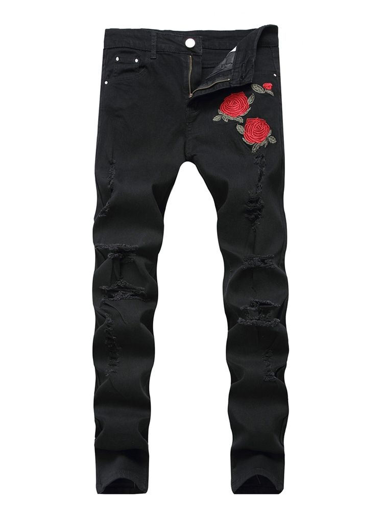 Calça Jeans Masculina Com Estampa Floral Com Zíper